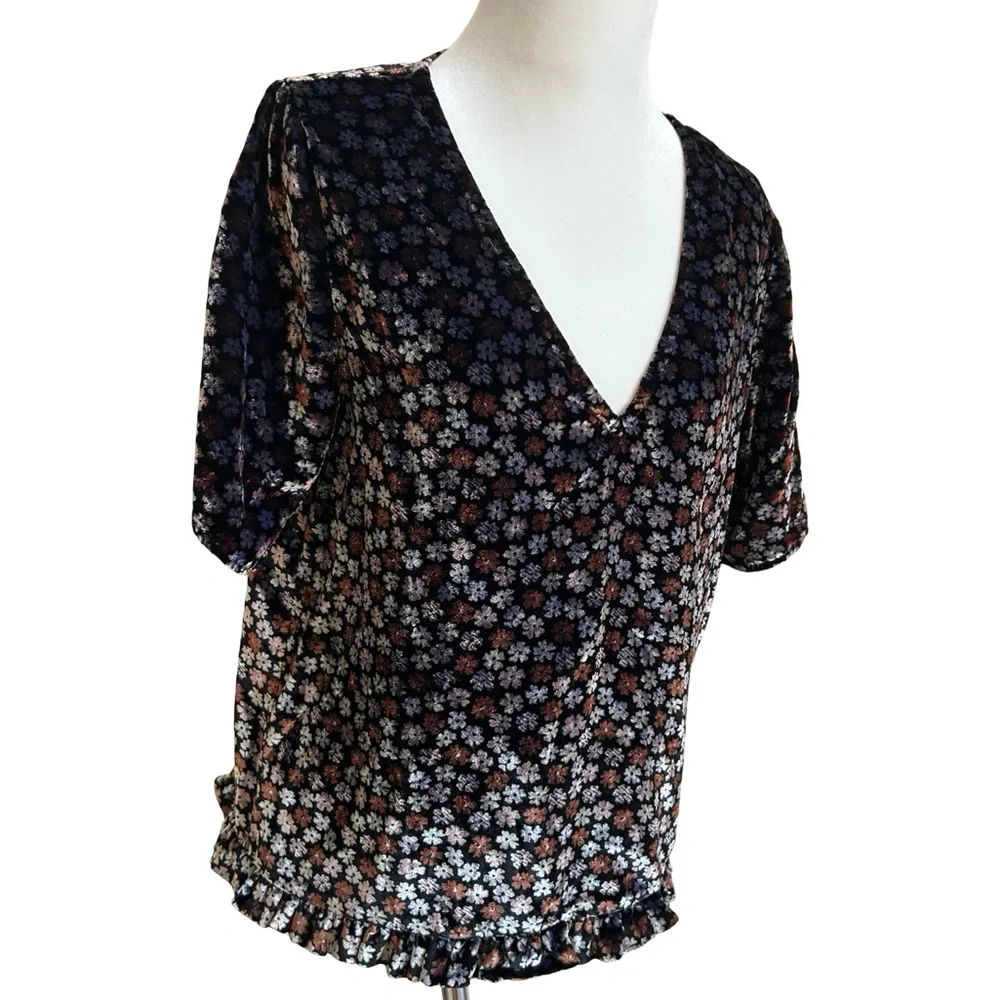 Madewell Burnout Velvet Charcoal Petite Blooms Tulip-Sleeve Ruffle Blouse Med - Picture 8 of 14